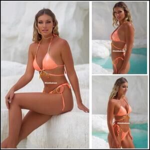 MODA MINX MAGIC IN MAKO ORANGE WRAP TRIANGLE & RUCHED TIE SIDE BIKINI BOTTOMS